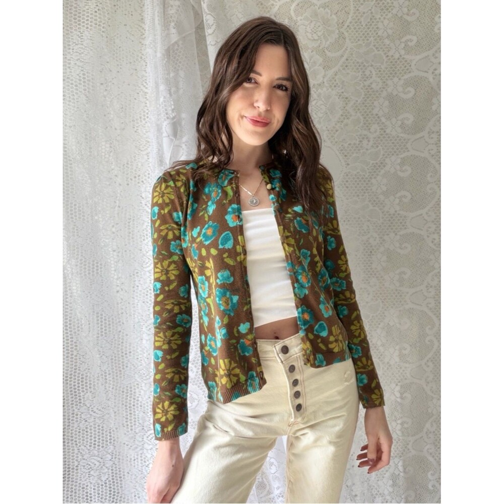 Vintage Style Brown Floral Cardigan Blue Flower Button Front Cottagecore - Picture 11 of 12